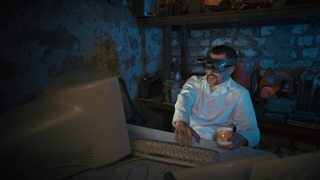 Focused computer user working late in a dark workspace illuminated by monitor light. The scene represents software development, programming, digital technologies, and productivity during evening hours