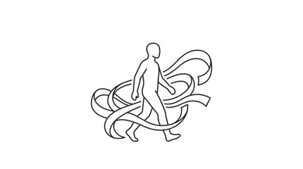 Obraz premium A minimalist line art illustration of a person walking through tangled ribbons.