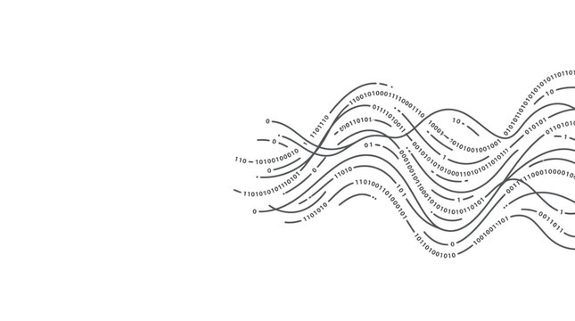 Abstract flowing lines composed of binary code digits on a white background.