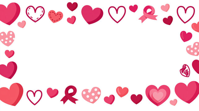 Cute heart border clipart with pink heart frame, ribbon bow, and polka dot heart decoration on white background for romantic design