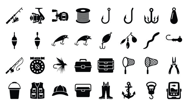 Comprehensive collection of black fishing equipment icons including rods, reels, hooks, lures, and tackle boxes isolated on a white background for professional sporting design.