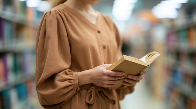 Book reader library woman hand page open shelf indoor copy space blurred student education literature study reading novel cover casual brown blouse standing hold focus knowledge quiet research