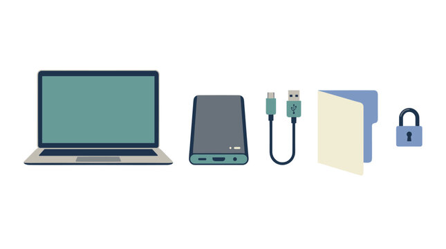 Data backup and computer storage security vector illustration set with laptop, external hard drive, USB cable, folder, and padlock
