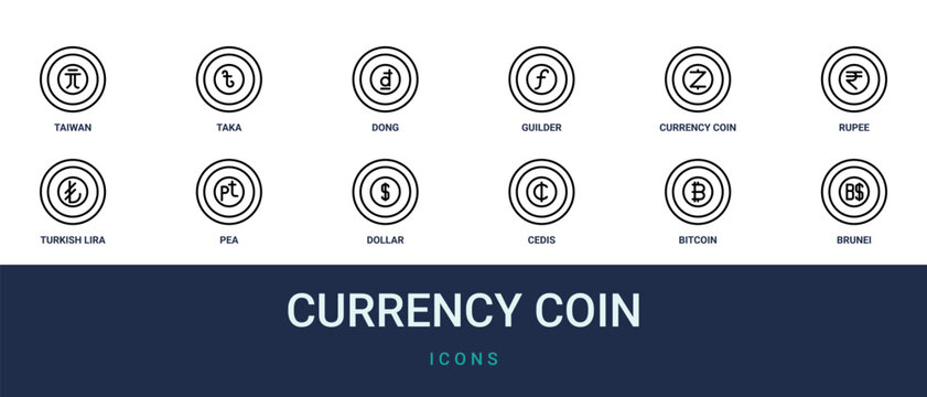 Set of 12 outline web Currency Coin icons such as brunei, bitcoin, cedis, dollar, pea, turkish lira, rupee vector icons for report, presentation, diagram, web design, mobile app