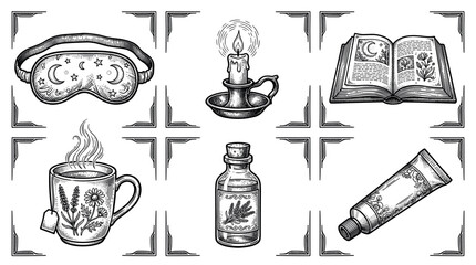Obraz premium Bedtime routine and relaxation items vintage engraving vector illustration set with sleep mask, candle, book, and herbal tea