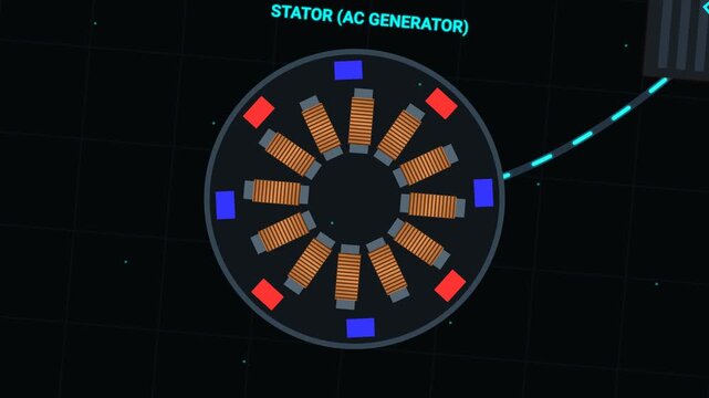 Animation of a motorcycle electrical system showing the stator, rectifier, battery, ECU, ignition coil, and spark plug