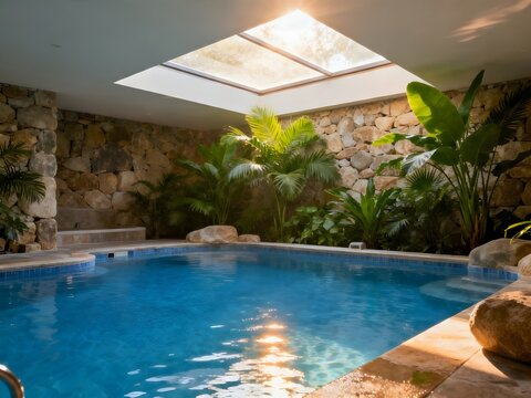 Modern Indoor Swimming Pool with Crystal Clear Blue Water. Luxury Wellness Spa and Contemporary Architecture Interior