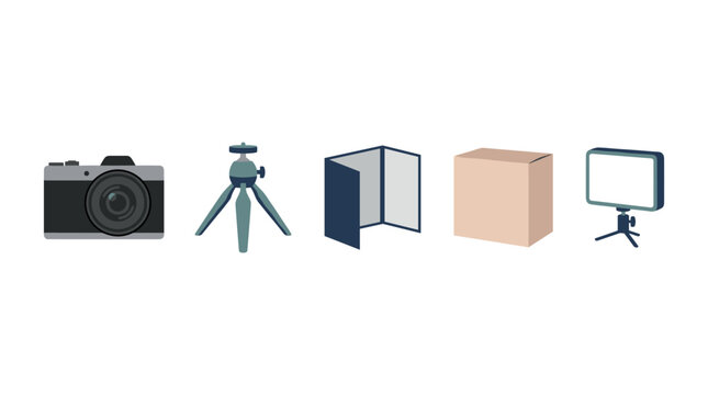 Flat vector icon set of product photography equipment including camera, tripod, reflector, light box, and LED panel