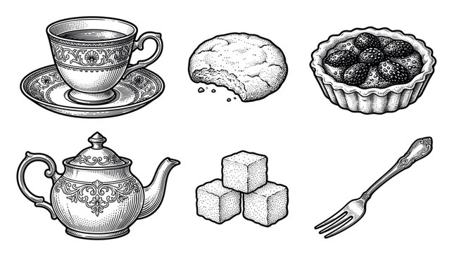 Vintage engraving style vector illustration set of tea time elements including teapot, teacup, cookie, tart, and sugar cubes