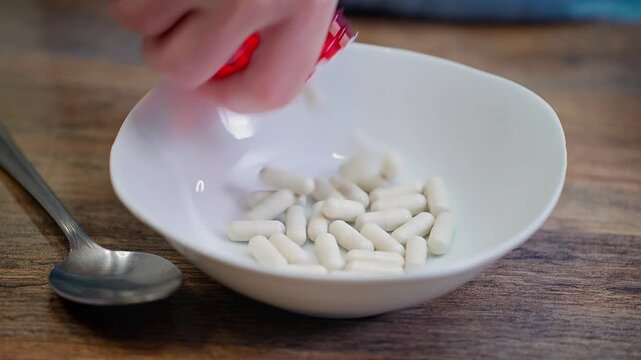 Person pours tablets from a medicine bottle onto a plate and eats them with a spoon. Concept of excessive medication use, self-medication, pharmaceutical misuse, addiction awareness, and health risks.