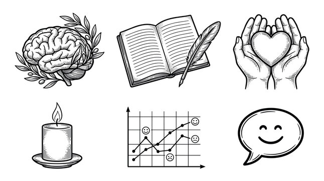 Mental health and psychology concept engraving style vector illustration set with brain, heart, book, and mood tracker