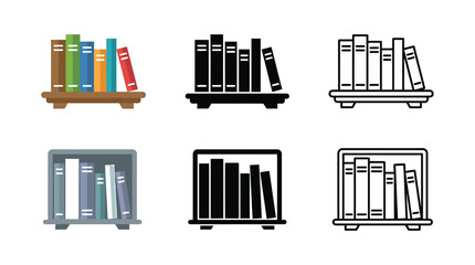 Obraz premium Set of colorful and black and white library book shelf icons in flat and outline design styles