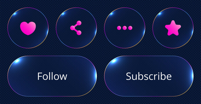 Glassmorphism user interface elements with glowing borders and pink social media icons. Vector illustration.