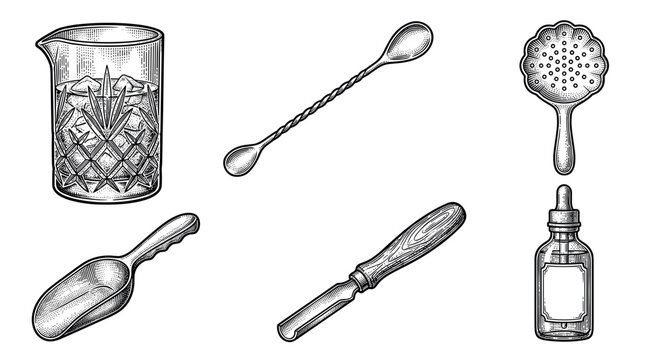 Vintage engraving vector illustration set of bartending tools, mixing glass, bar spoon, strainer, and cocktail accessories