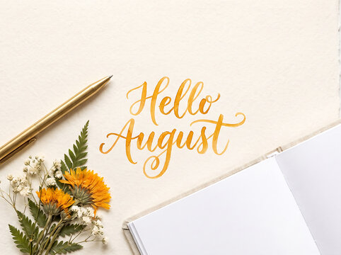 Hello August Calligraphy Lettering with Golden Pen and Dried Flowers
