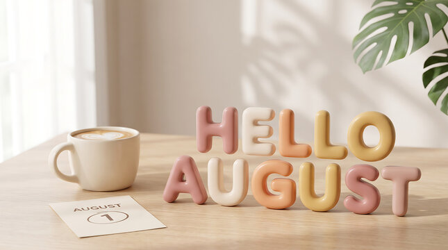 Hello August 3D Lettering with Coffee Cup and Calendar on Wooden Table
