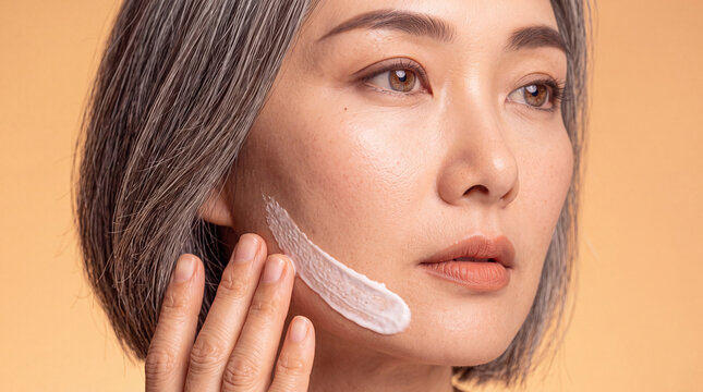 Woman with grey hair gently smooths nourishing cream onto her jawline to maintain healthy skin.