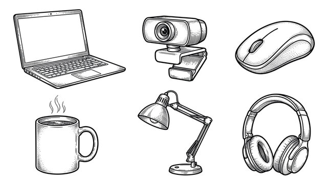 Home office workspace equipment and computer accessories vector illustration set in vintage engraving style