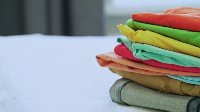A pile of clothes on the bed at home, showing everyday household routine, laundry organization, wardrobe sorting, and domestic lifestyle. Concept of cleaning, tidiness, and home management.