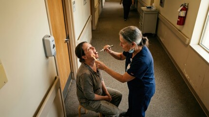 Fototapeta premium Nurse Performs Throat Examination On Patient In Healthcare Corridor