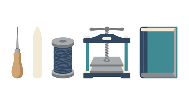 Flat vector illustration set of bookbinding tools including an awl, bone folder, thread spool, book press, and a finished book