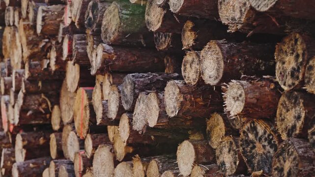 Close-up view of freshly cut lumber arranged in a stack among trees. The textured wood surface highlights natural patterns, forestry resources, raw materials, and the beauty of organic materials.