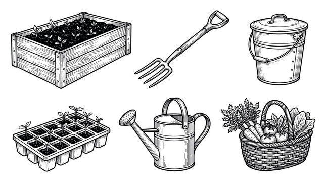 Gardening tools and equipment vintage engraving vector illustration set featuring planter box, watering can, and harvest basket
