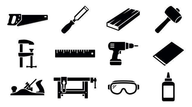 Carpentry and woodworking tools glyph icon set, black silhouette vector of timber construction equipment