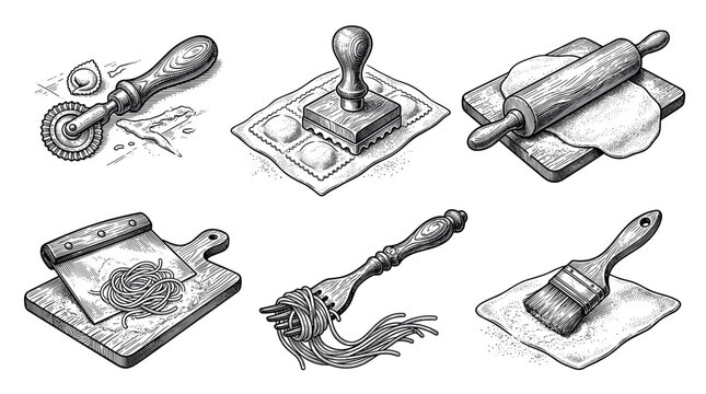 Vintage engraving vector illustration set of Italian pasta making tools, dough, rolling pin, ravioli stamp, and spaghetti
