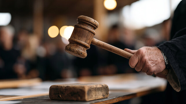 Weathered auctioneer hands grip a worn gavel mid-strike above a packed longboard racing memorabilia sale, calloused knuckles and branded wristband sharp against the cluttered