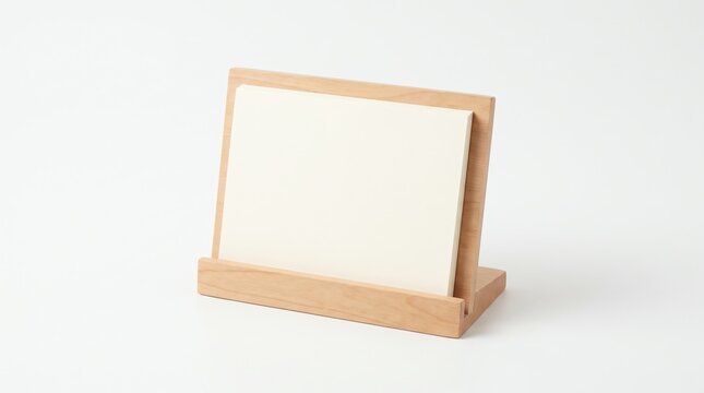 Blank White Card on Wooden Stand Mockup Isolated on White Background