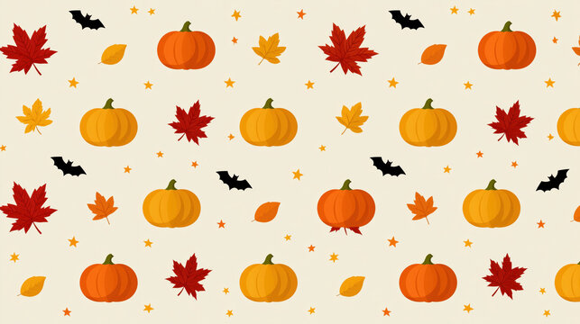 Seamless pumpkin patch pattern with evenly spaced pumpkin, leaf, bat, and star on cream background