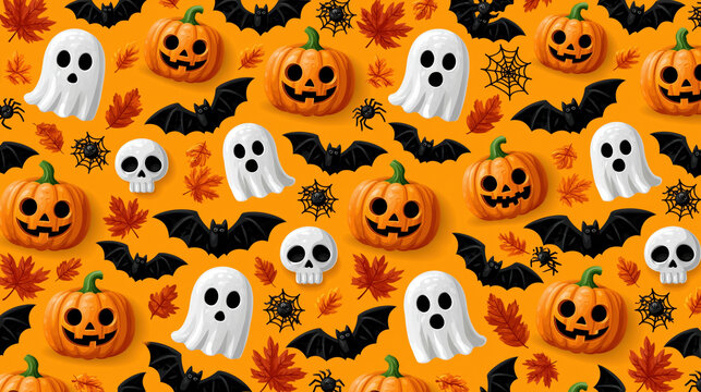 Halloween pattern pumpkin ghost bat skull orange background seamless repeat spider web autumn leaf cute cartoon festive decoration fabric print
