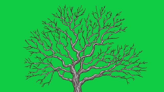 Bare winter tree without leaves isolated on green screen chroma key background for natural outdoor landscape environment