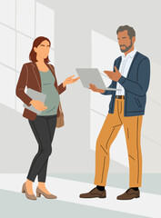 Obraz premium Two professionals converse near bright windows. Woman holds files, gestures with interest. Man presents tablet, looks engaged. Modern office setting, collaborative atmosphere