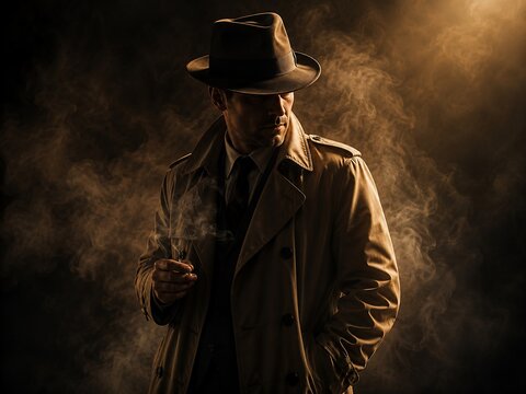 Mysterious noir man in fedora and trench coat standing in thick smoke.