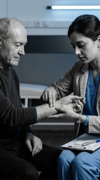 Nurse Checking Senior Man's Pulse In Medical Examination Room Detailed