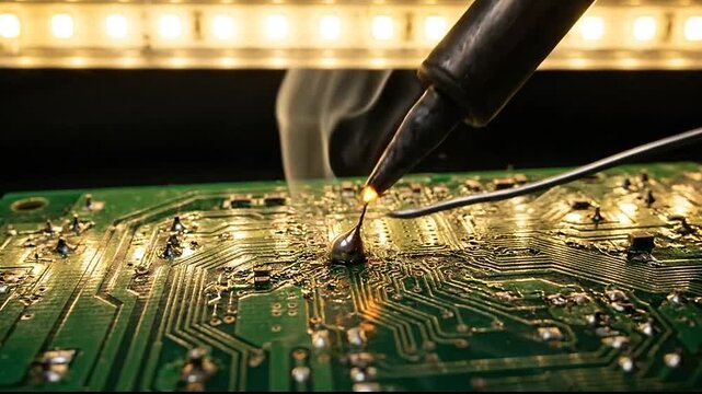A soldering iron melts metal wire onto a green electronic circuit board