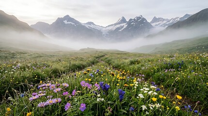 Fototapeta premium Majestic mountain landscape with blooming wildflowers and misty valley