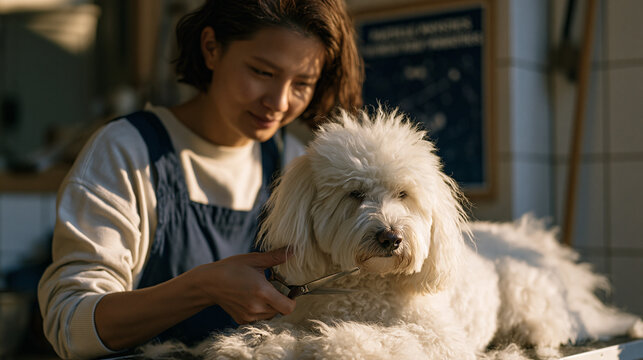 A dog groomer works alone in a golden hour grooming salon, carefully scissoring around a fluffy white dog's ears, the room glowing amber with late afternoon warmth, a particle