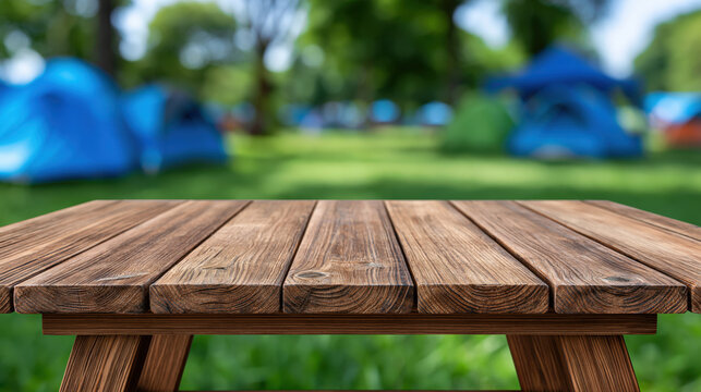 Wooden table camping site blurred tent outdoor background green grass picnic area empty space summer park nature scene copy space