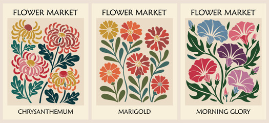 Obraz premium Vibrant floral patterns grace vintage-style market posters. Each poster showcases autumn bloom with distinct seasonal hues. Chrysanthemum, marigold, and morning glory fill the frames