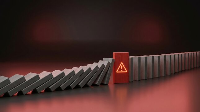 Red warning block stopping falling dominoes for risk management