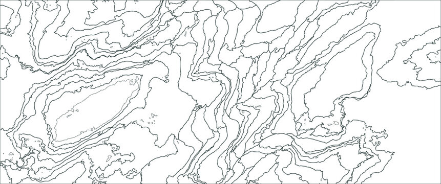 Abstract topographic contour lines illustration, black and white fluid map pattern for geological studies