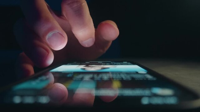 Mobile phone screen scrolling at night. Macro close up male hand reading a news feed in darkness. Mobile phone behavior highlights online media use digital dependency and constant information access.