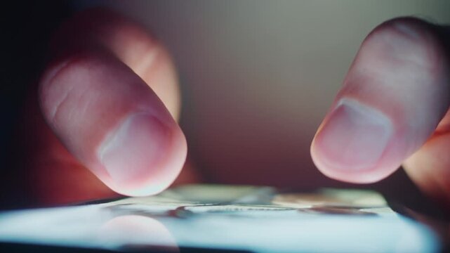 Mobile phone social media browsing shown by male hands tapping screen in dark environment close up. Mobile phone activity reflects modern communication digital lifestyle and nonstop online interaction