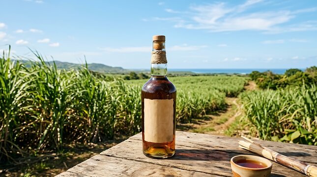 Bottle of artisanal rum on a wooden table overlooking sugarcane fields