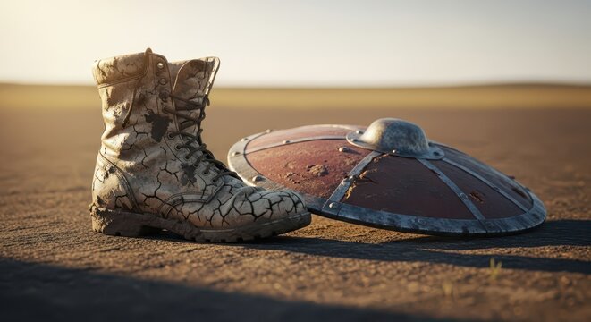 Worn Leather Combat Boot and Round Viking Shield Resting on Dry, Cracked Earth in Sunlight