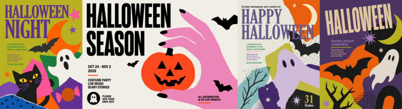 Happy Halloween. Vector modern abstract illustration of a ghost, pumpkin, bat, black cat, and witch's hand for invitation, poster, greeting card, banner or background