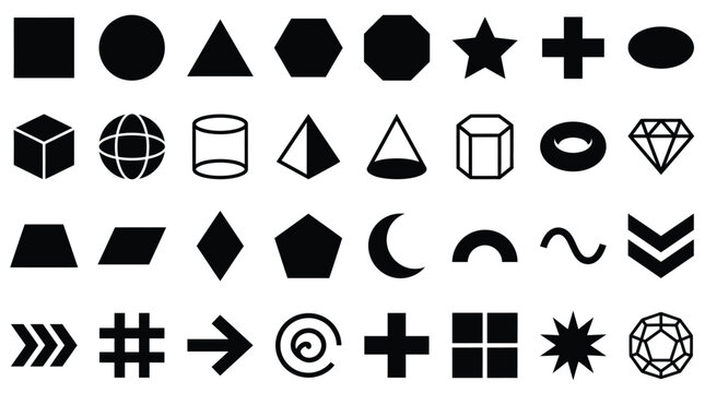 Large collection of black geometric shapes and icons featuring 2D polygons, 3D solids, wireframe forms, arrows, and abstract mathematical symbols isolated on a plain white background.